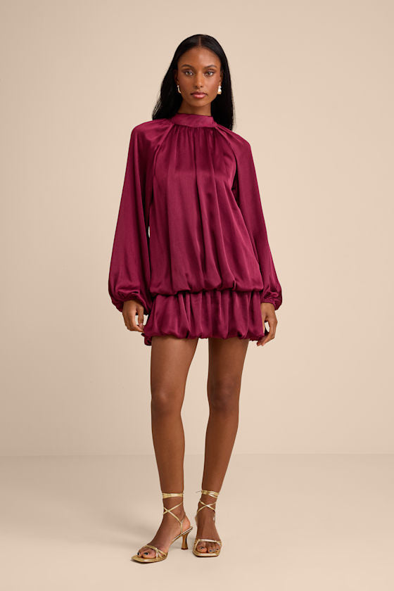 Nagaina Burgundy Satin Drop Waist Bubble-Hem Mini Dress