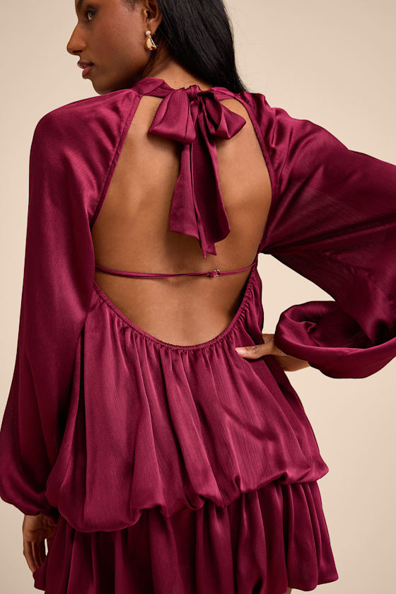 Nagaina Burgundy Satin Drop Waist Bubble-Hem Mini Dress