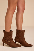 Jonelle Chocolate Suede Buckle High Heel Booties