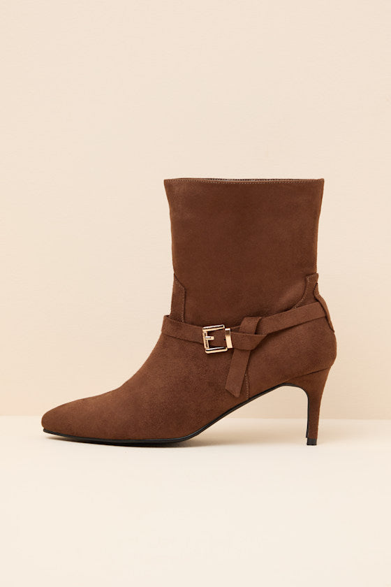 Jonelle Chocolate Suede Buckle High Heel Booties