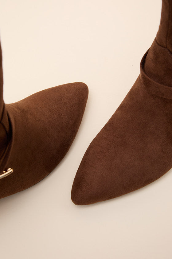 Jonelle Chocolate Suede Buckle High Heel Booties