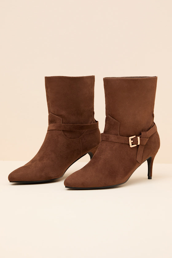 Jonelle Chocolate Suede Buckle High Heel Booties