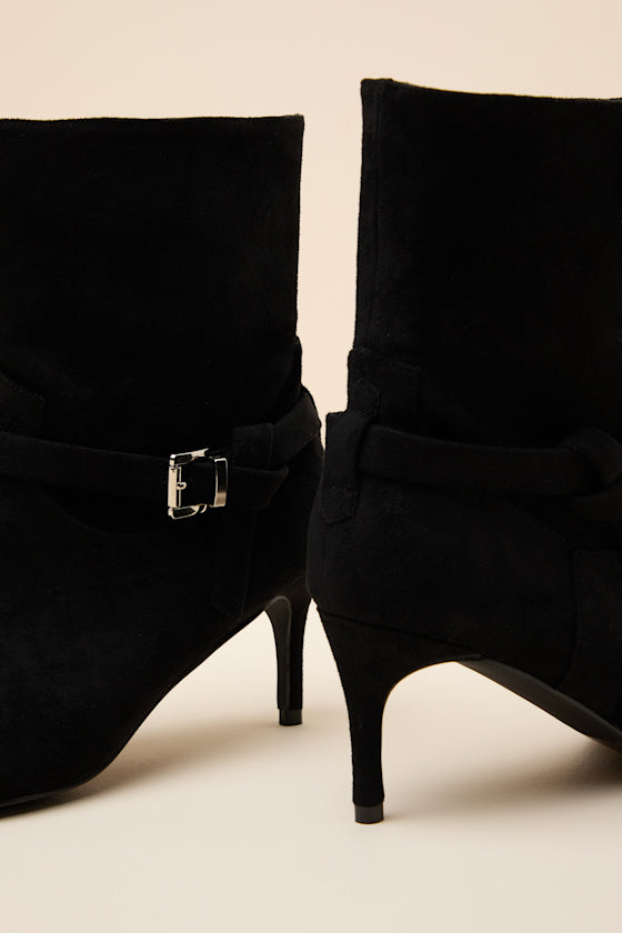 Jonelle Black Suede Buckle High Heel Booties