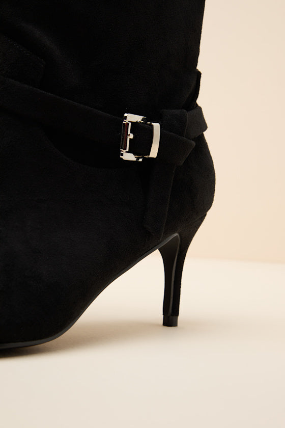 Jonelle Black Suede Buckle High Heel Booties