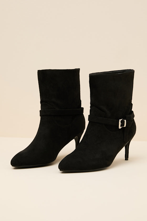 Jonelle Black Suede Buckle High Heel Booties