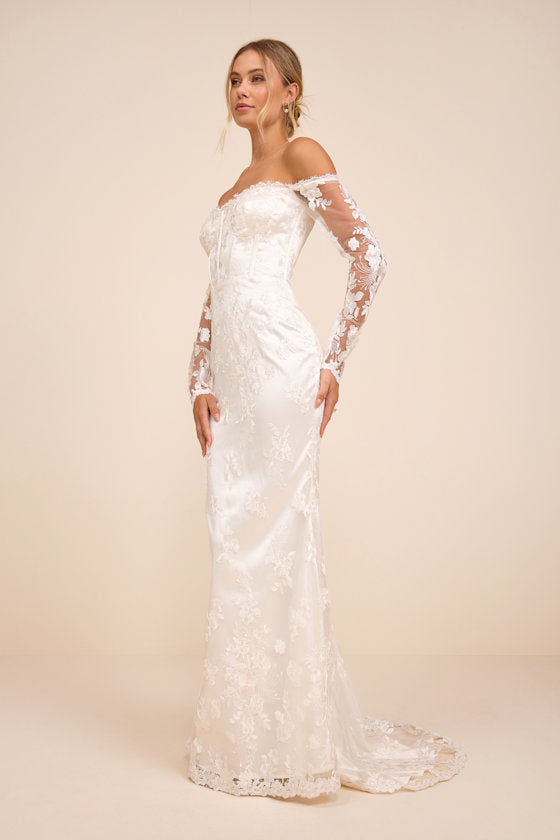 Lucina White Embroidered Bustier Long Sleeve Maxi Dress