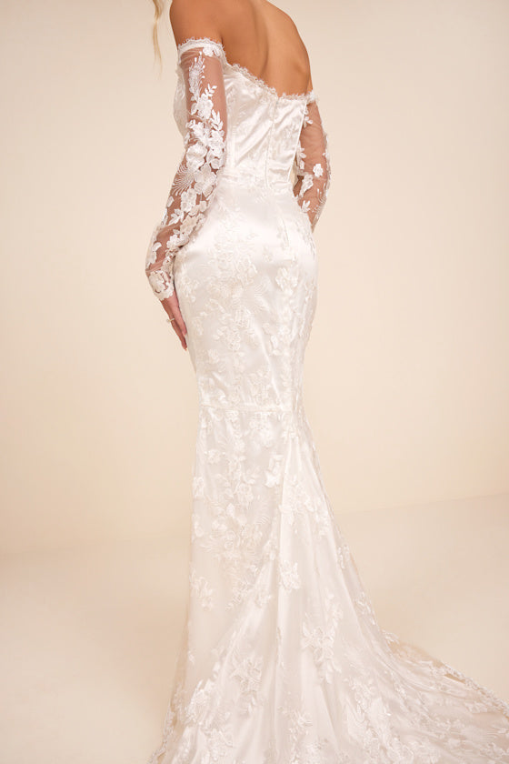 Lucina White Embroidered Bustier Long Sleeve Maxi Dress