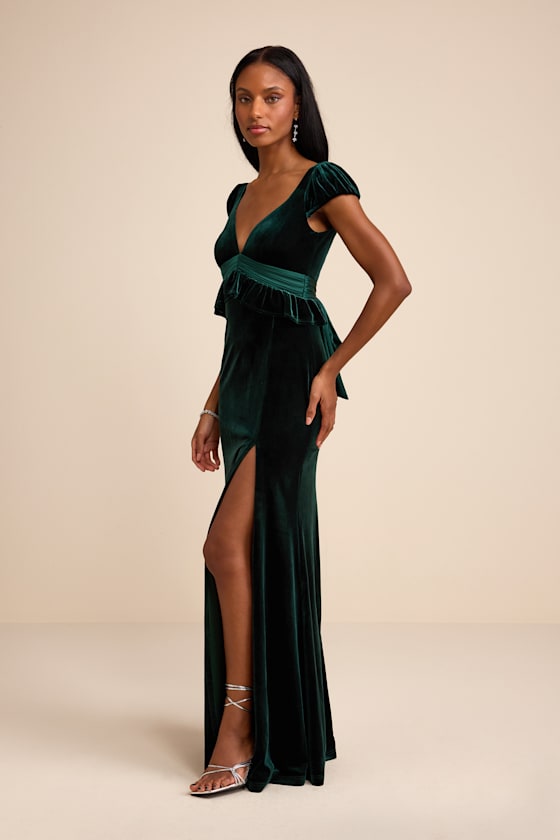 Romari Emerald Velvet Ruffled Puff Sleeve Bow Maxi Dress