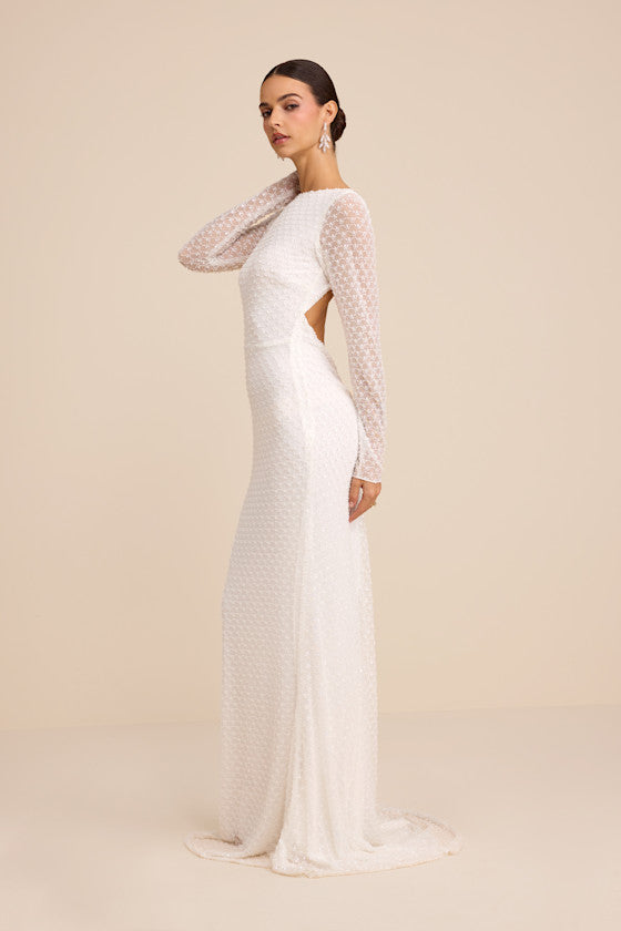 Mariani White Sequin Beaded Backless Long Sleeve Maxi Dress