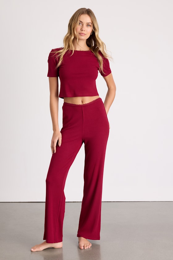 Laudrey Wine Red Ribbed Knit Wide-Leg Lounge Pants