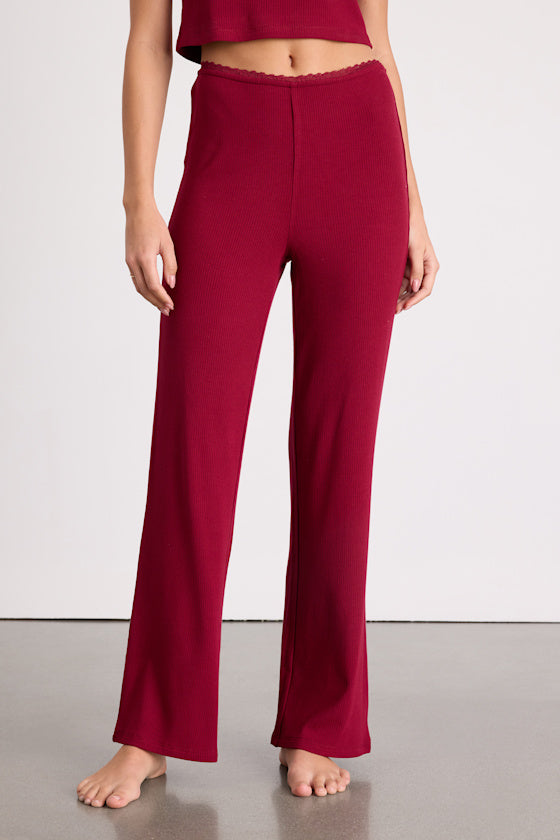 Laudrey Wine Red Ribbed Knit Wide-Leg Lounge Pants