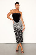 Renessa Black and Silver Velvet Sequin Strapless Midi Dress