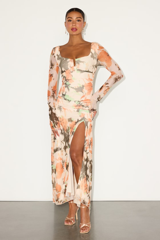 Catlin Cream Multi Floral Mesh Long Sleeve Maxi Dress