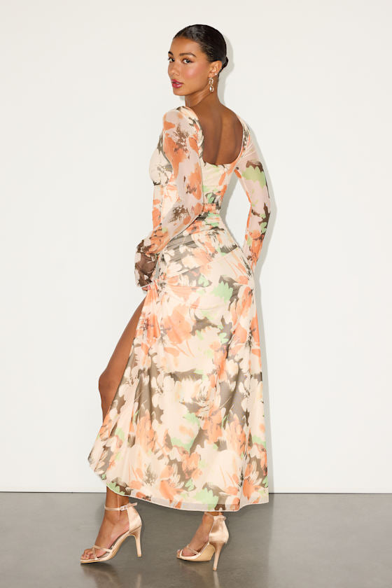 Catlin Cream Multi Floral Mesh Long Sleeve Maxi Dress