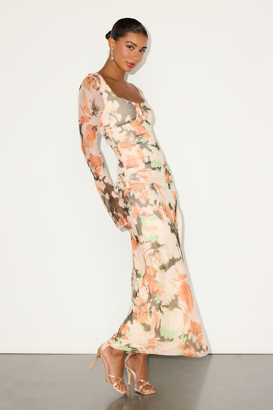 Catlin Cream Multi Floral Mesh Long Sleeve Maxi Dress