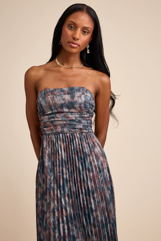 Islya Slate Blue Multi Abstract Pleated Strapless Maxi Dress