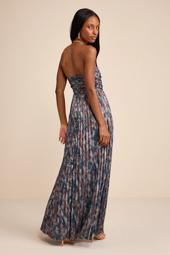 Islya Slate Blue Multi Abstract Pleated Strapless Maxi Dress