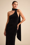 Eleni Black Velvet One-Shoulder Sash Maxi Dress