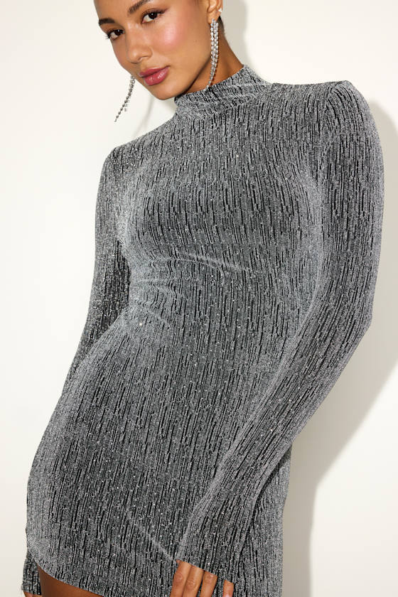 Lorenza Black and Silver Lurex Mock Neck Mini Dress