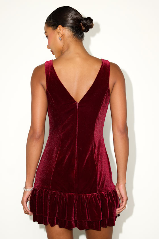 Medina Red Velvet Tiered Drop Waist Mini Dress
