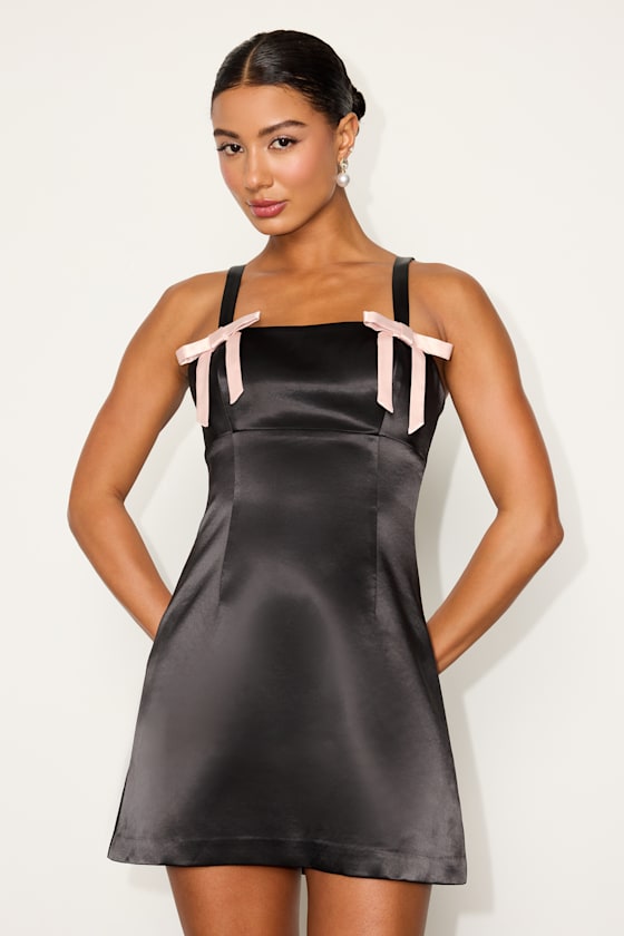 Yesemia Black Satin Bow Skater Mini Dress