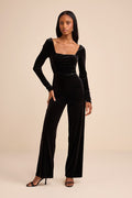 Asalia Black Velvet Lace-Up Long Sleeve Straight-Leg Jumpsuit