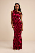 Renisa Dark Red Velvet Chevron Asymmetrical Maxi Dress