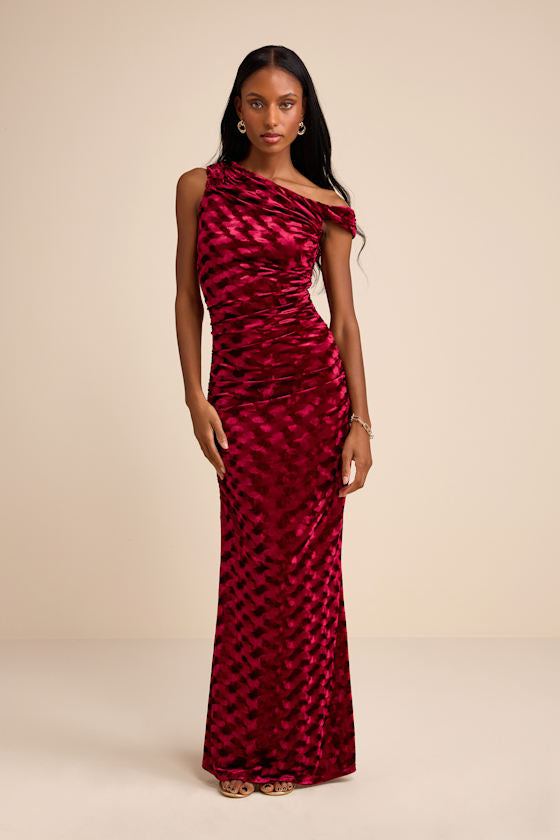 Renisa Dark Red Velvet Chevron Asymmetrical Maxi Dress