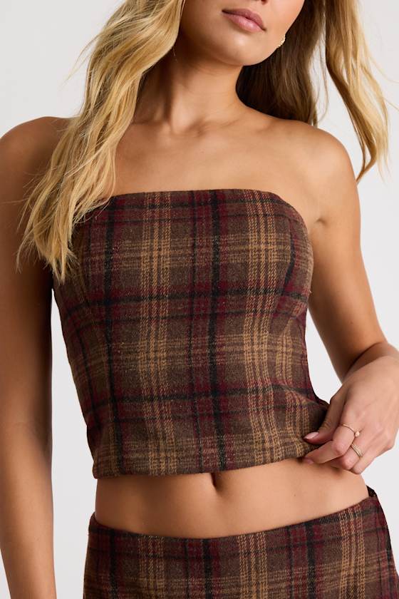Annette Brown Plaid Strapless Top