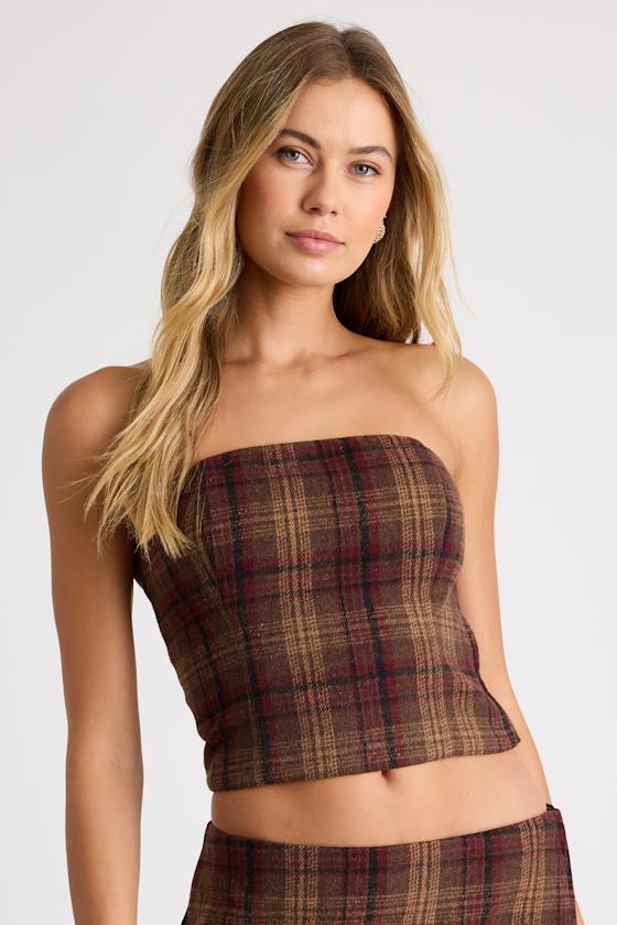 Annette Brown Plaid Strapless Top