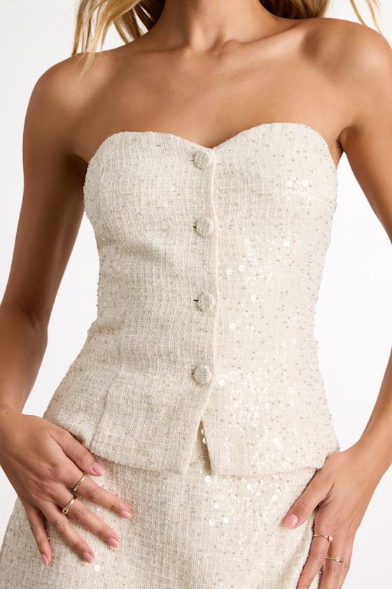 Brionee Ivory Tweed Sequin Button-Front Strapless Top
