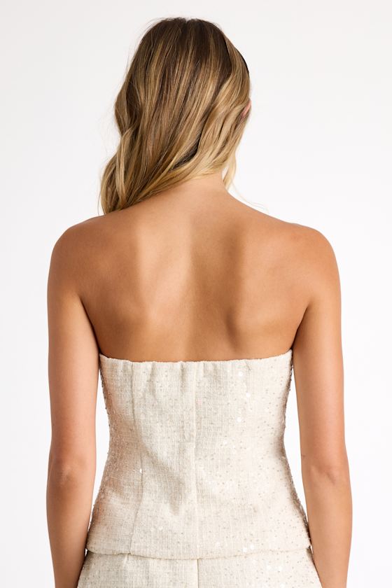 Brionee Ivory Tweed Sequin Button-Front Strapless Top