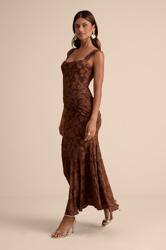 Celeste Brown Floral Burnout Bustier Maxi Dress