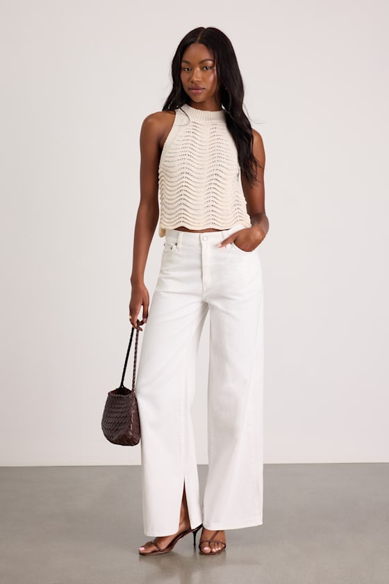 Wanderer White Split Hem Wide-Leg Jeans