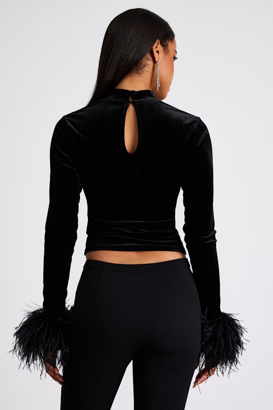 Malva Black Velvet Feather Cuff Long Sleeve Top