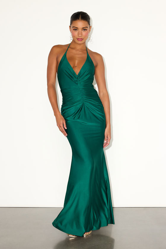 Zaniya Emerald Green Ruched Halter Maxi Dress