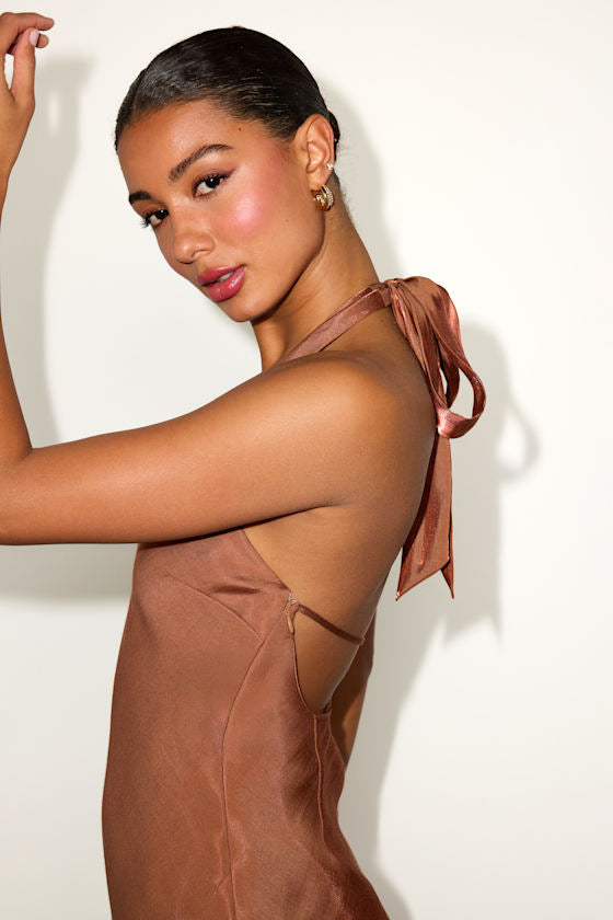 Olandria Brown Halter Mini Slip Dress