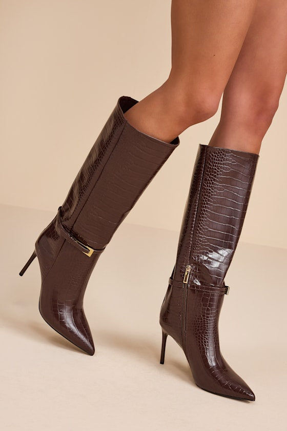 Cadee Brown Croc-Embossed Stiletto Knee-High Buckle Boots