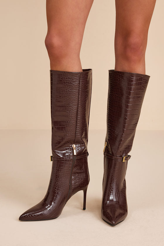 Cadee Brown Croc-Embossed Stiletto Knee-High Buckle Boots