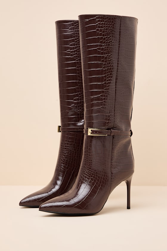 Cadee Brown Croc-Embossed Stiletto Knee-High Buckle Boots