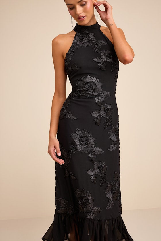 Margaret Black Textured Ruffled Midi Dress