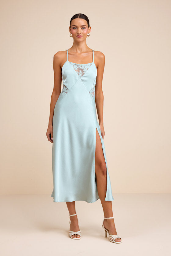 Luetta Pale Blue Satin Lace Slip Midi Dress