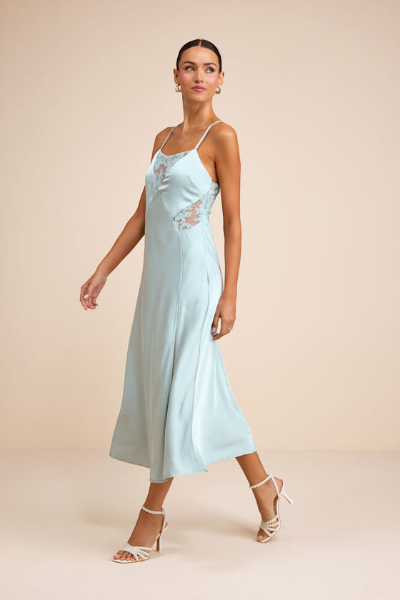 Luetta Pale Blue Satin Lace Slip Midi Dress