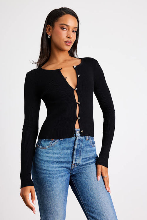 Scalia Black Ribbed Knit Button-Front Long Sleeve Top