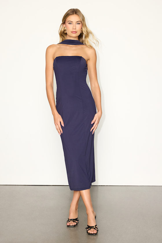 Ariana Navy Blue Jersey Knit Strapless Midi Dress