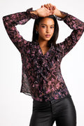 Embry Black Paisley Print Lurex Ruffled Button-Front Top
