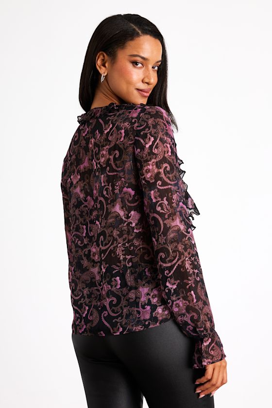 Embry Black Paisley Print Lurex Ruffled Button-Front Top