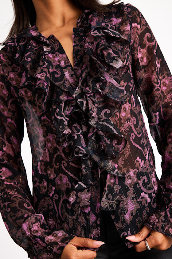 Embry Black Paisley Print Lurex Ruffled Button-Front Top