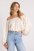 Jordana Ivory Satin Off-the-Shoulder Crop Top