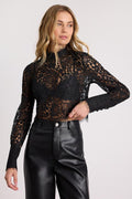 Celita Black Sheer Eyelash Lace Long Sleeve Crop Top